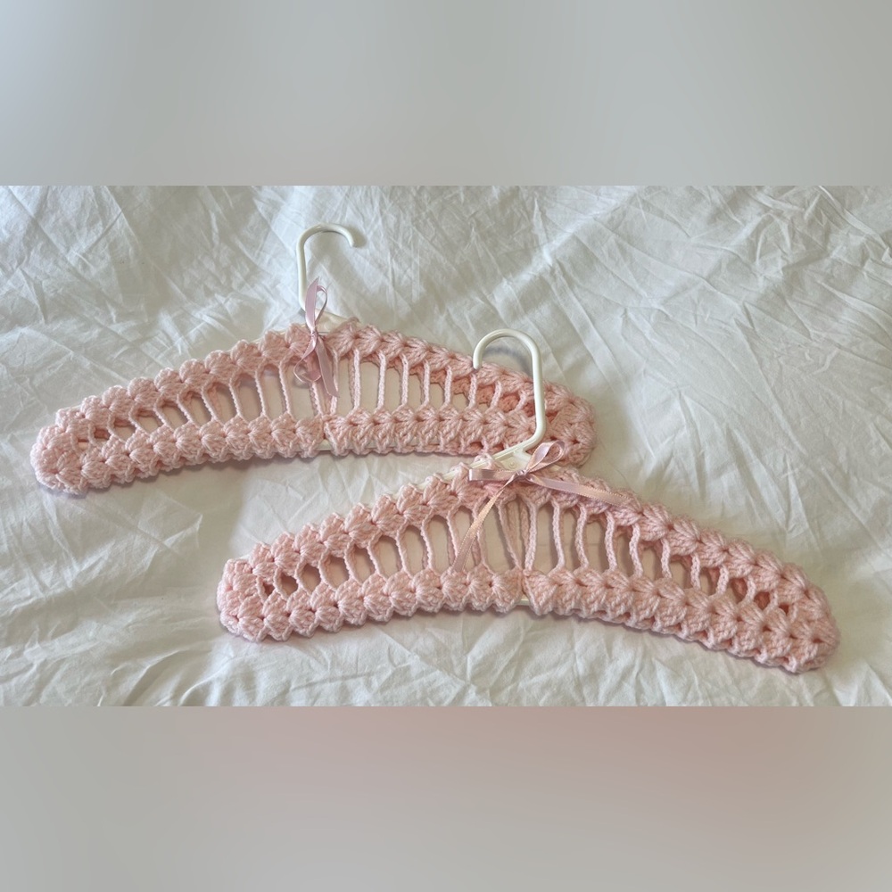 CROCHETED Clothes Hangers | Set Of 2 | Pale Pink Covers & Plastic Hangers Bow